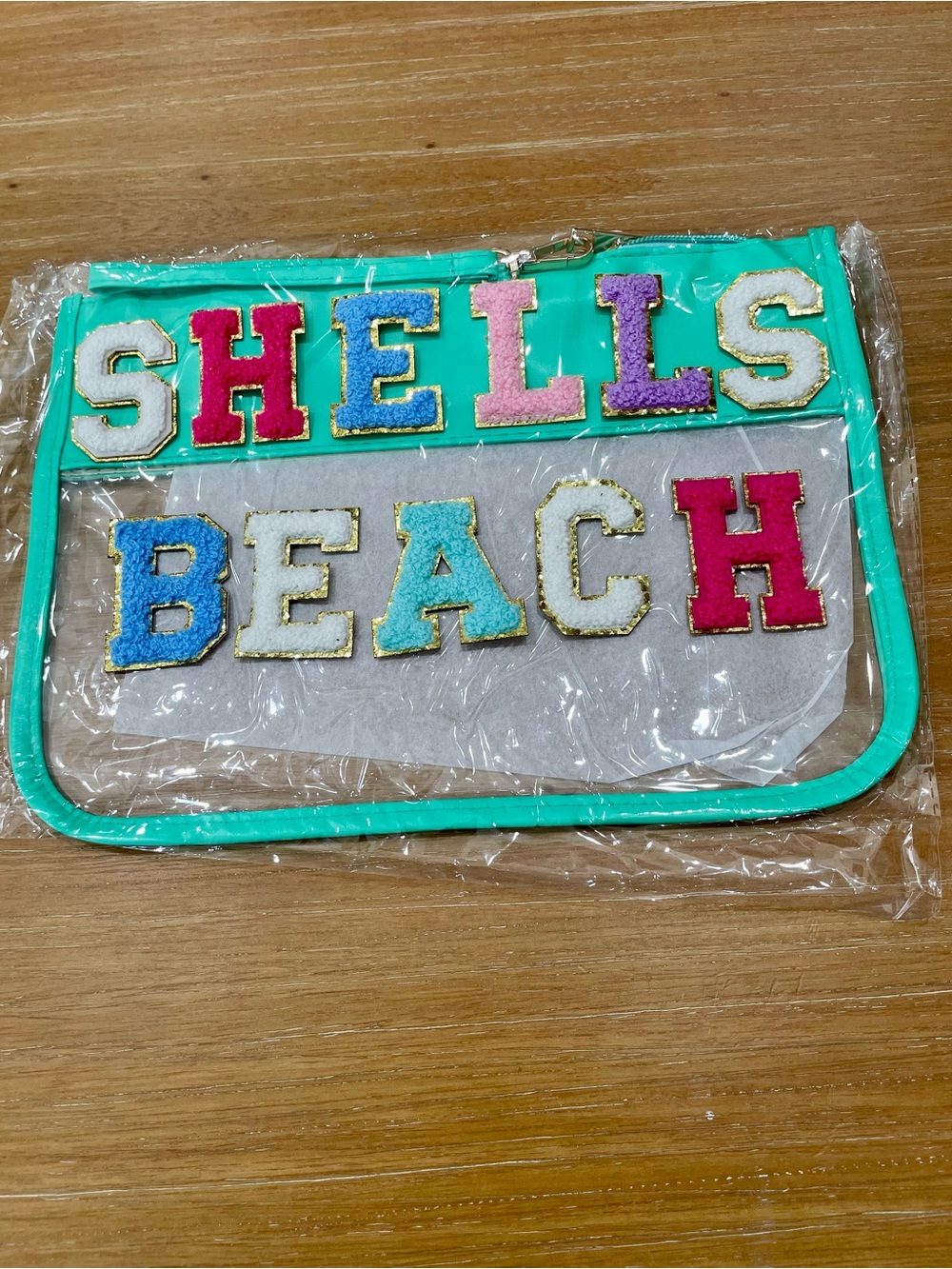 Clear Turquoise Beach Pouch Makeup Bag Chenille Letters Self Adhesive